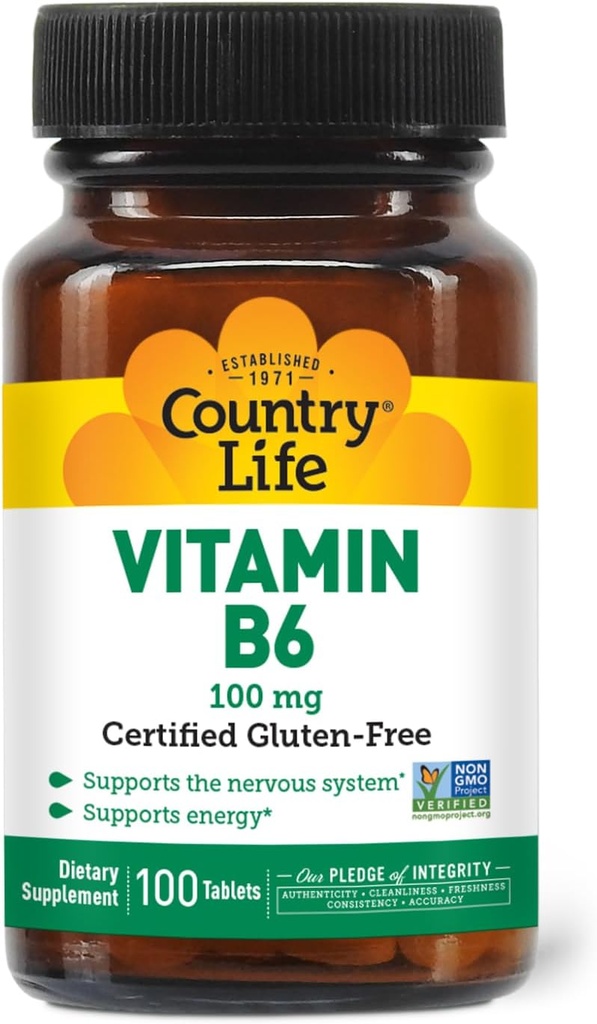 Country Life Vitamin B-6, Supports Energy and The Nervous System, 100mg, 100 Vegan Capsules, Certified Gluten Free, Certified Vegan, Certified Halal, Non-GMO Verified…