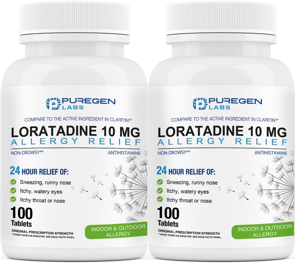 Puregen Labs Allergy Relief, Loratadine 10mg, 100 Tablets – 24 Hour Non-Drowsy Antihistamine Allergy Medicine for Runny Nose, Sneezing, Itchy, Watery Eyes (2)