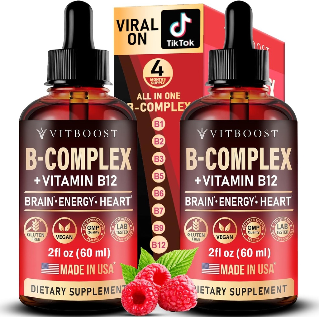 Vegan Vitamin B12 with B Complex 20000 mcg- Extra Strength for Men and Women- Raspberry Liquid Drops| USA Made, B1, B2, B3, B5,B6, Biotin, Folic Acid & B12 Sublingual Methylcobalamin | 4 Months Supply