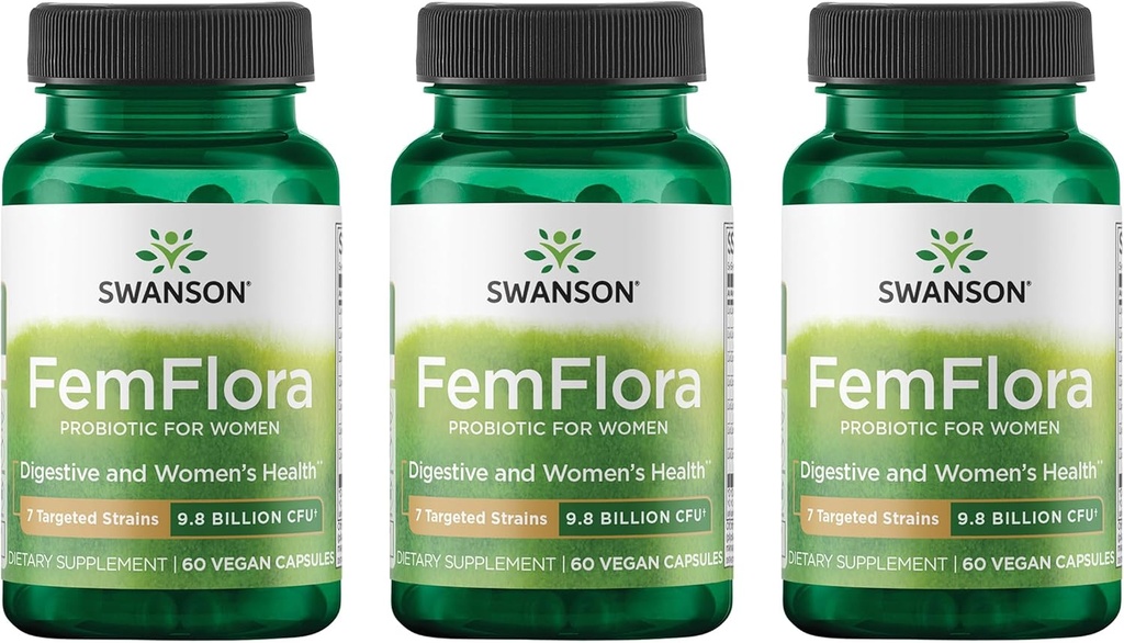 Swanson FemFlora - Feminine Probiotic Supplement Supporting Flora of The Mouth, GI Tract, and Vagina - Probiotics for Women with 9 Billion CFU Per Capsule - (60 Capsules) (3 Pack)