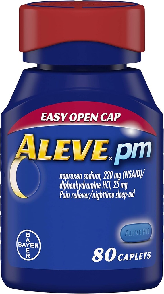 Aleve PM Caplets, Fast Acting Sleep Aid and Pain Relief for Headaches, Muscle Aches, Non-Habit Forming 220 mg Naproxen Sodium and 25 mg Diphenhydramine HCl Capsules, 80 count