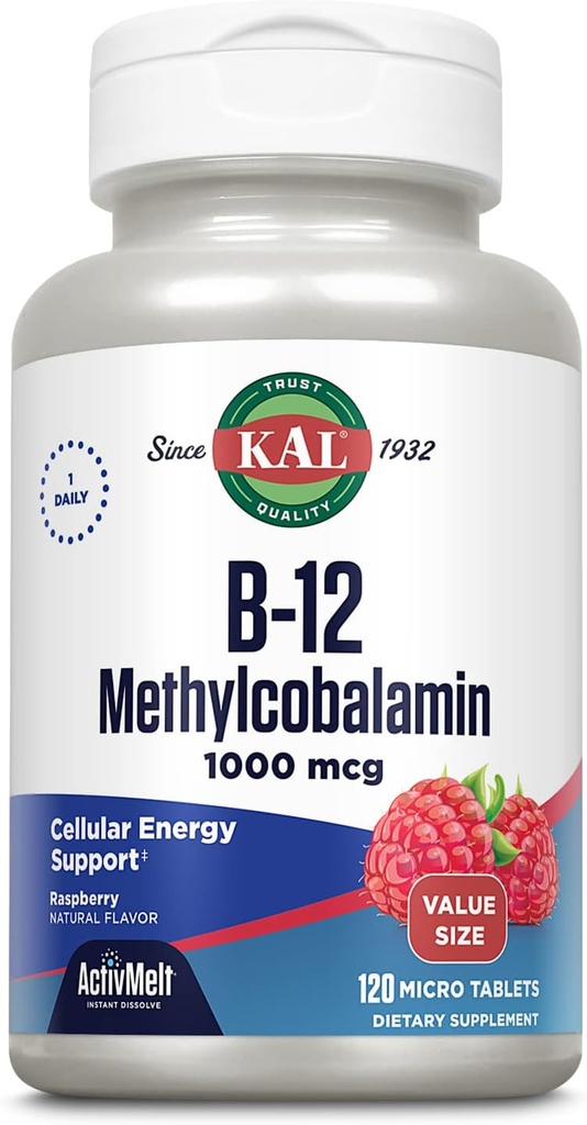 KAL Vitamin B12 Methylcobalamin 1000mcg, Healthy Energy, Metabolism, Nerve and Red Blood Cell Support, Fast Dissolve ActivMelt, High Absorption, Vegetarian, Natural Raspberry, 120 Serv, 120 Micro Tabs