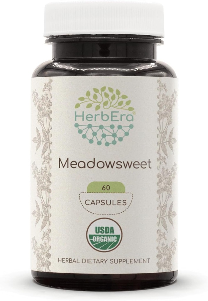 HerbEra Meadowsweet USDA Organic 60 Capsules | Natural Herbal Supplement | Certified Organic Vegetarian Capsules and Organic Meadowsweet (Filipendula ulmaria) Dried Herb (60 Capsules)