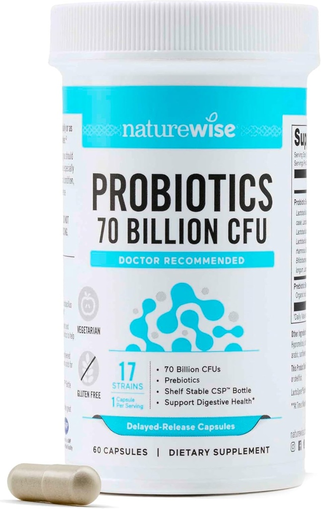NatureWise Probiotics 70 Billion CFU - 17 Strains + Organic Prebiotics - Immune, Digestive & Gut Health Support for Women & Men - Vegetarian, Gluten-Free, Non-GMO - 60 Capsules[2-Month Supply]