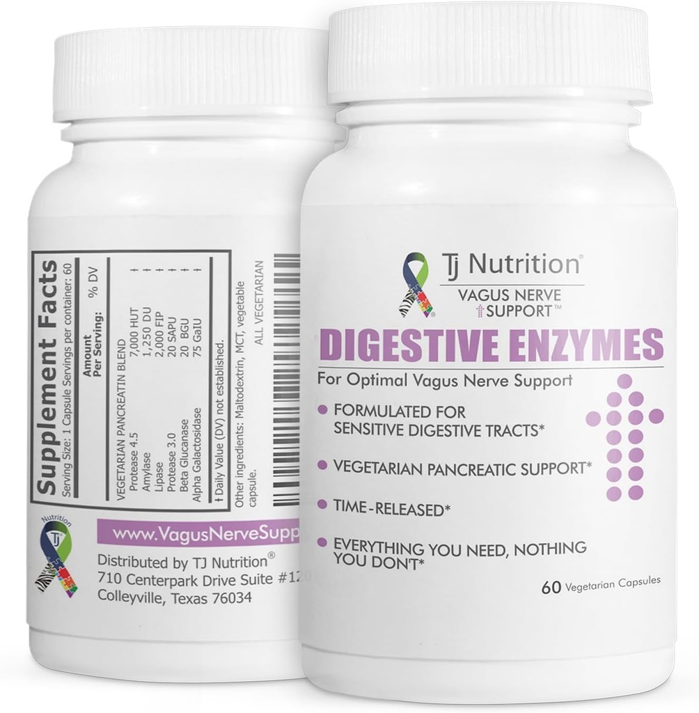Digestive Enzymes for Sensitive Stomachs - Supports Vagus Nerve, Vegetarian Pancreatic Support, Timed Release Formula for Optimal Gut Health, Enhances Food Digestion & Gut Flora