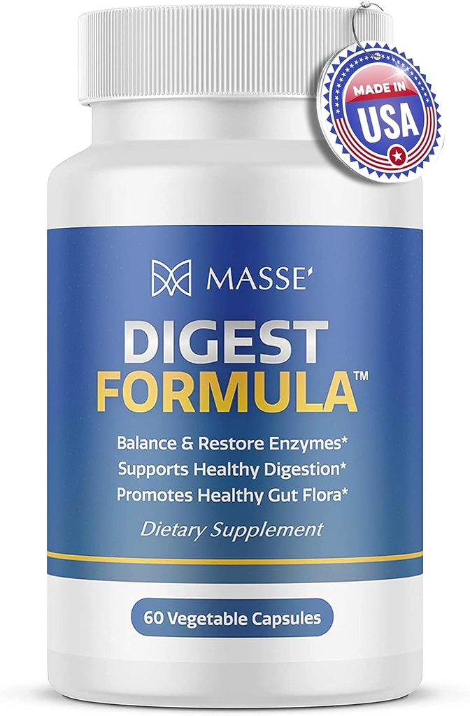 MASSE' Digest Formula Supplement Enzyme Boost Capsules - Advanced Formula for Digestive Health & Gut Flora Support - Natural Organic Enzyme Supplement for Digestive Care and Overgrowth- 60 Count
