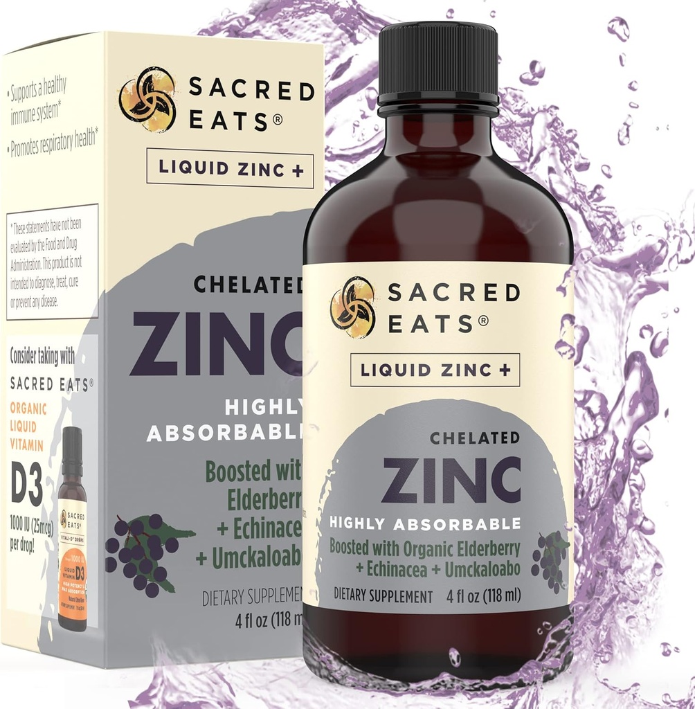 Liquid Zinc (Glycinate Chelate) with Organic Elderberry & Echinacea (High in Quercetin) | 4-in-1 Immune Suport Supplement for Adults & Kids, Great Tasting | Alcohol & Gluten Free, Non GMO (4.0 Oz)