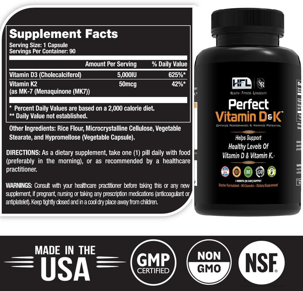 HFL Perfect Vitamin D&K by Dr. Sam Robbins | Vitamin D3 & K2 (MenaQ7® MK-7) | 3 Month Supply | 2X Absorbable | Vegan, Plant-Based, Micro-Encapsulated.