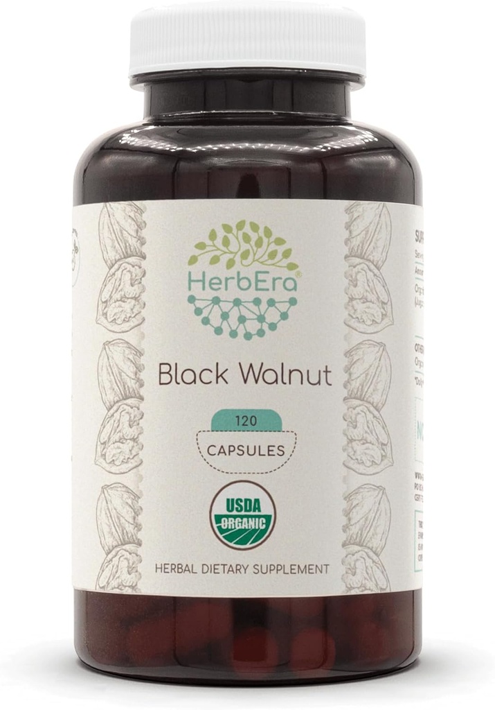 HerbEra Black Walnut USDA Organic 120 Capsules | Natural Herbal Supplement | Certified Organic Vegetarian Capsules and Organic Black Walnut (Juglans Nigra) Dried Hull (120 Capsules)