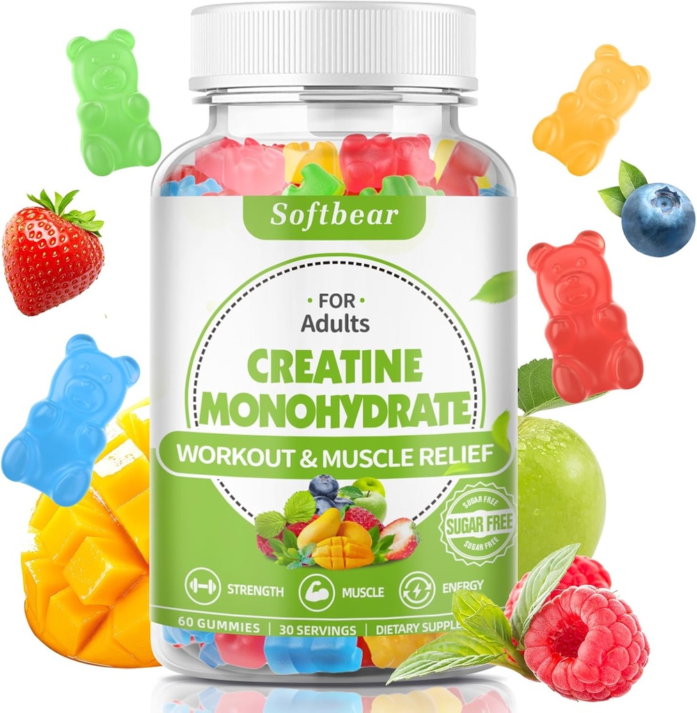 softbear 5000mg Creatine Monohydrate Gummies for Men Women, Vegan Creatine HCL Supplement Pre Workout Gummies for Muscle Builder Strength Mixed Flavor 60 Count