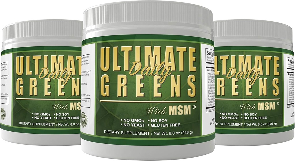 Daily Health, Ultimate Greens Powder Immune Support Vegan Friendly Vegetable Alkalize Drink NO GMO Gluten Soy Free 8oz 3 Pack