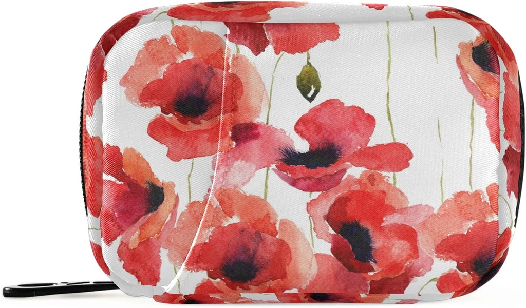 Watercolor Poppy Flowers Pill Box 7 Day Pill Case Travel Pill Organizer Bag with Zipper Portable Weekly Case Compact Size for Vitamin Supplement Holder