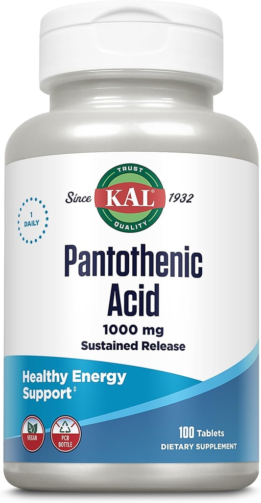 KAL Pantothenic Acid 1000mg, Sustained Release Vitamin B5 - Energy Supplements - Supports Metabolism of Carbs, Fat and Protein, Hair and Skin Health, Vegan, 60-Day Guarantee, 100 Servings, 100 Tablets