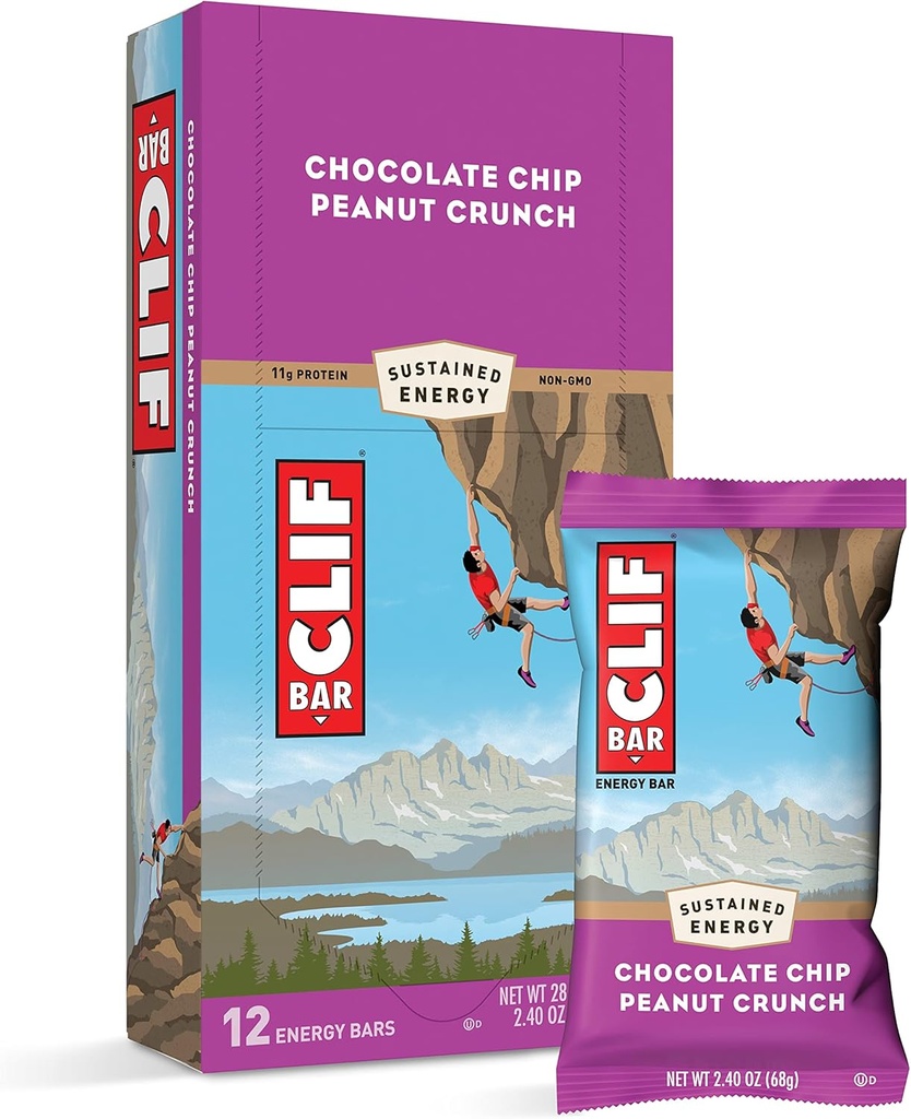 Clif Bars - Energy Bars - Chocolate Chip Peanut Crunch - Made with Organic Oats - Plant Based Food - Vegetarian - Kosher (2.4 Ounce Protein Bars, 12 Count)