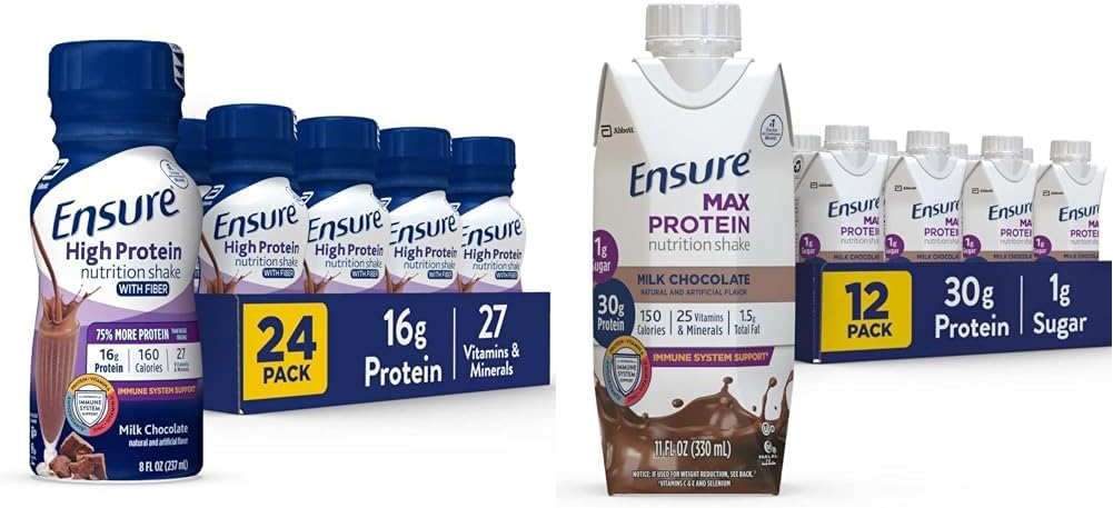 Ensure High Protein Nutritional Shake With Fiber & Max Protein Nutrition Shake with 30g of Protein, 1g of Sugar, High Protein Shake, Milk Chocolate, 11 Fl Oz (Pack of 12), Liquid, Halal