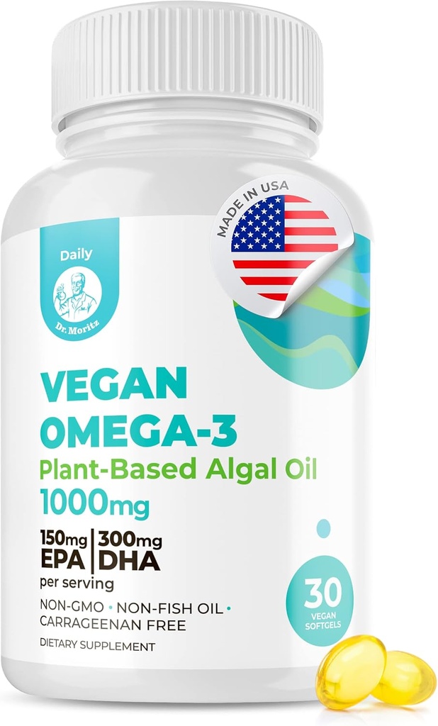 DR. MORITZ Vegan Omega-3 Softgels for Adults and Kids, Made from Algae Oil with DHA EPA, Small Algae Omega 3 Supplements, Vegan, 30 Count