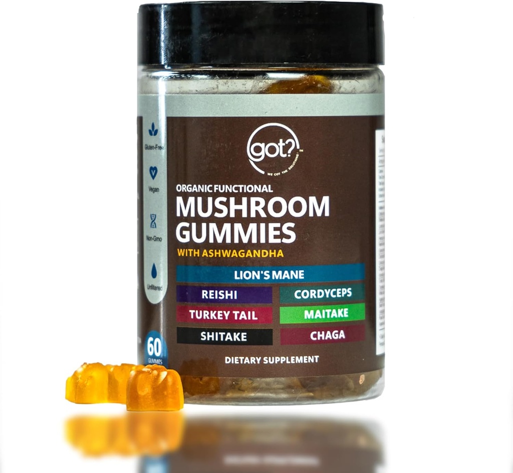 Mushroom Gummies Daily Supplement with Ashwagandha - Lions Mane, Turkey Tail, Reishi, Cordyceps, Chaga - Mega 10 Blend Nootropic Organic Mushrooms - Energy, Focus, Memory, and Immune Support - 60ct