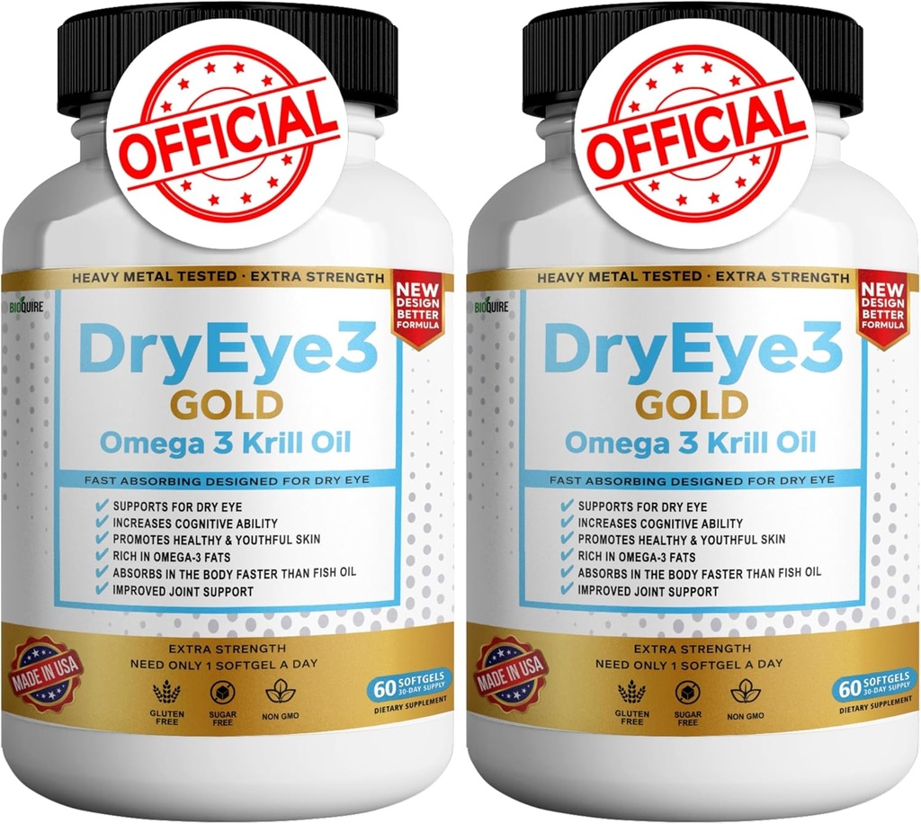 Dry Eye 3 Gold Omega 3 Krill Oil Extra Strength, 60 Softgels, Dry Eye Support, Non-GMO, Gluten Free, Sugar Free (2)