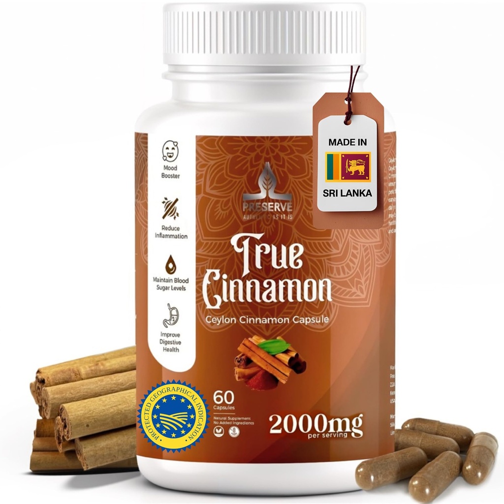 PRESERVE Pure Ceylon Cinnamon Capsules, 2,000mg, Two Month Supplement | Made in Sri Lanka |Non-GMO, Gluten-Free, True Cinnamomum from Sri Lanka, 100% Pure Cinnamon (NOT Mix with Cassia).