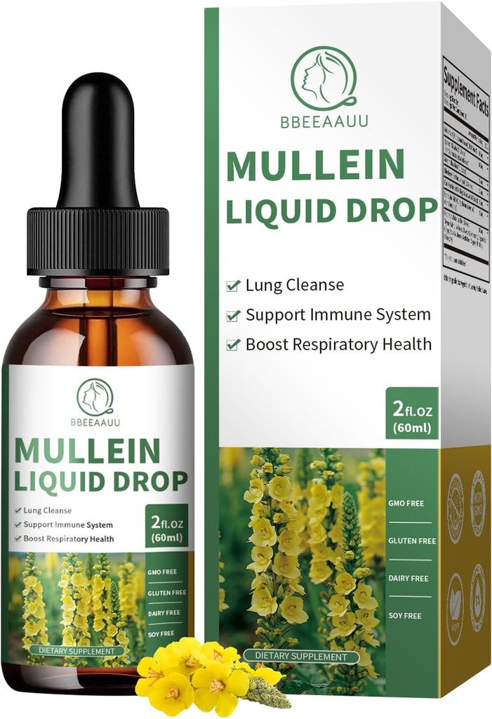 Mullein Drops for Lungs, 16-in-1 Mullein Leaf Extract for Lung Cleanse, Respiratory, Immunity, with Quercetin, Marshmallow, Black Cumin Seed, Elderberry, Mullein Liquid, Non-GMO, 2 Fl Oz