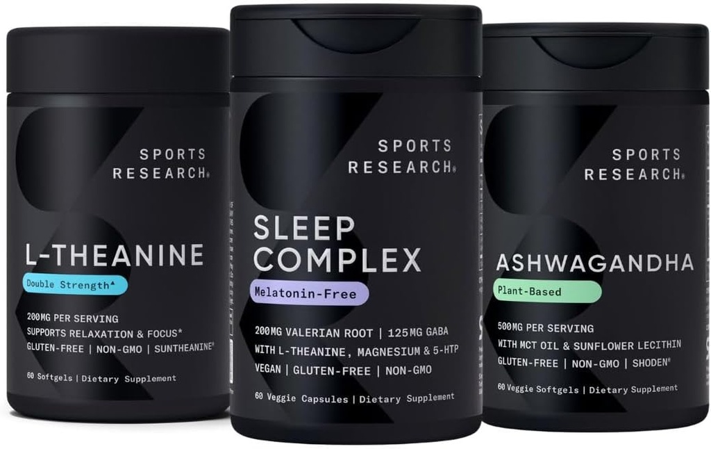 Sports Research Sleep Complex Melatonin-Free Vegan Capsules, Double Strength L-Theanine Supplement for Focus, Relaxation & Alertness and Ashwagandha Softgels for Relaxation, Calm & Sleep Support