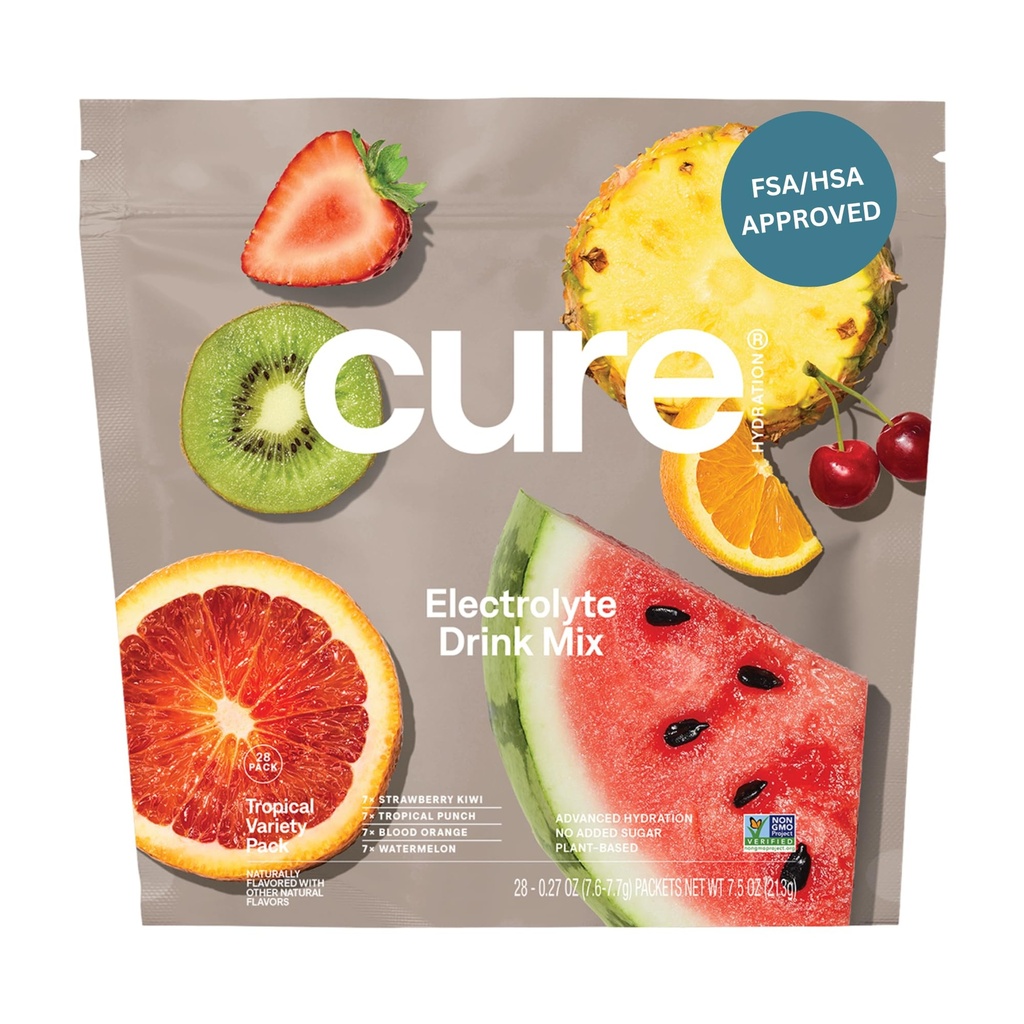 Cure Hydration | Plant-Based Electrolyte Drink Mix | No Added Sugar | FSA-HSA | Dehydration Relief Powder Made with Coconut Water | Non-GMO | Vegan | 28 Packets - Tropical Variety Pack