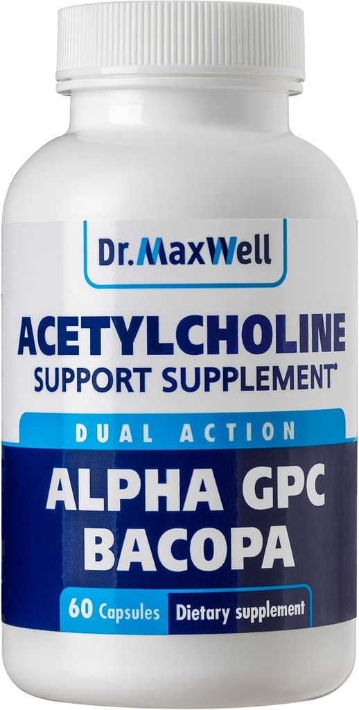 Acetylcholine, Alpha GPC Choline 600mg + Bacopa, Better Than Each Alone. More Reliable Acetylcholine (Supports Memory & Learning) Supplement, 60 Capsules
