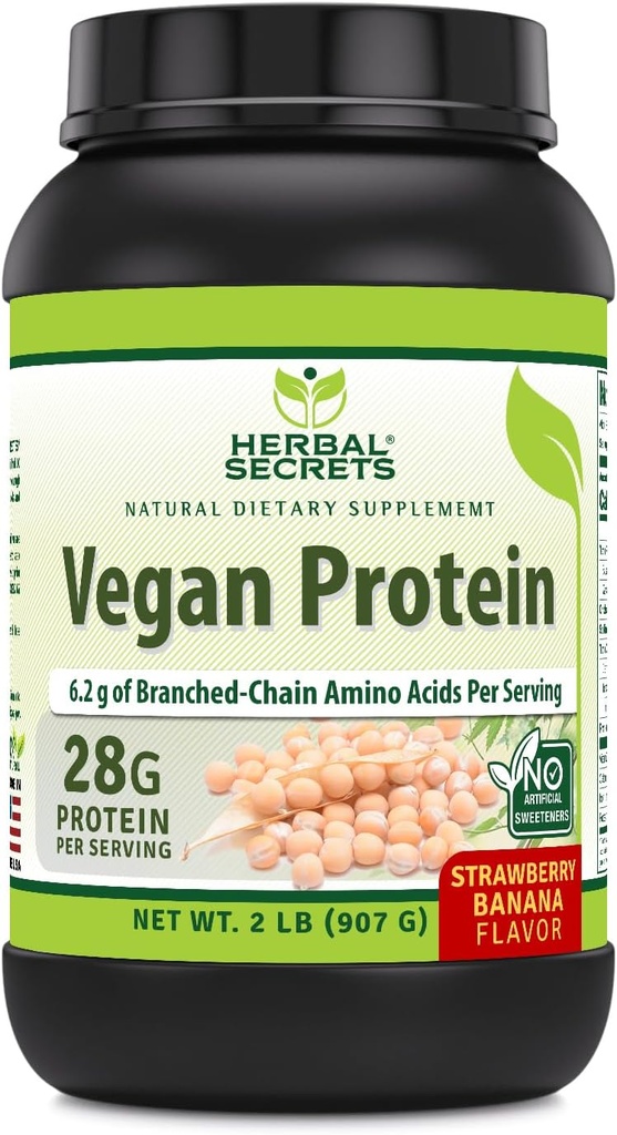 Herbal Secrets Vegan Protein | 28 Grams Protein | 23 Servings | 6.2 Grams BCAA Supplement | Made in USA (2 Lb, Strawberry Banana)