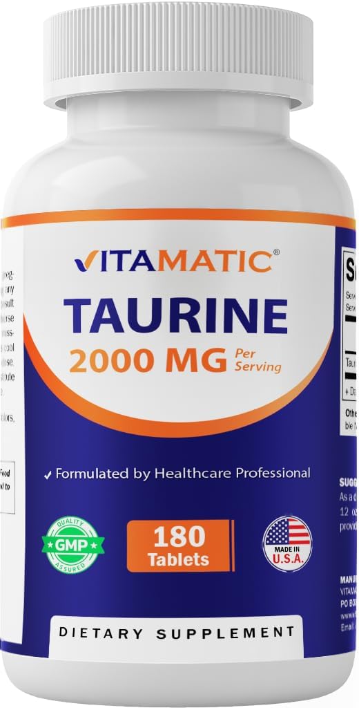 Vitamatic Taurine 2000mg Vegetarian Tablets, 180 Count, Non-GMO, Gluten Free