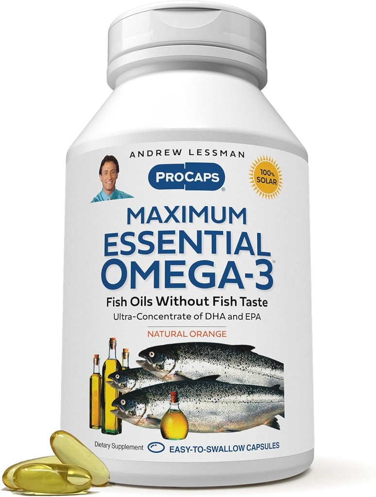 ANDREW LESSMAN Maximum Essential Omega-3 Orange - 60 Softgels - Ultra-Pure, High Potency Omega-3 Oils. High DHA, No Stomach Upset, No Contaminants, No Mercury. Small Easy to Swallow Softgels