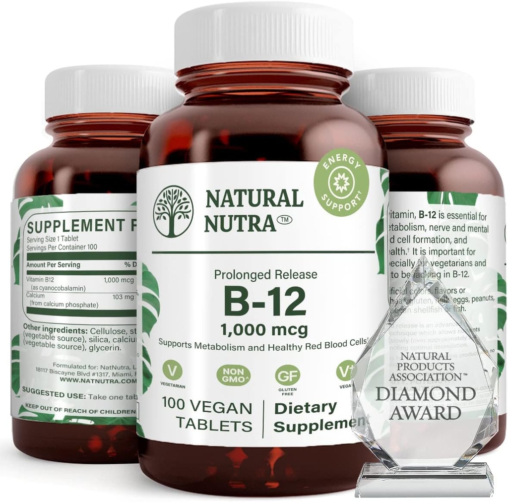Natural Nutra Vitamin B12 1000 mcg, Promote Heart & Nerve Health, Cobalamin B12 Supplement, Calcium Phosphate, Help in Metabolism Health, Optimal Absorption, Gluten Free, Sugar Free, 100 Vegan Tablets
