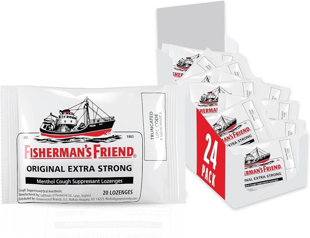 Fisherman's Friend Cough Drops, Cough Suppressant and Sore Throat Lozenges, Original Extra Strong, 10mg Menthol, 480 Drops (24 Packs of 20)