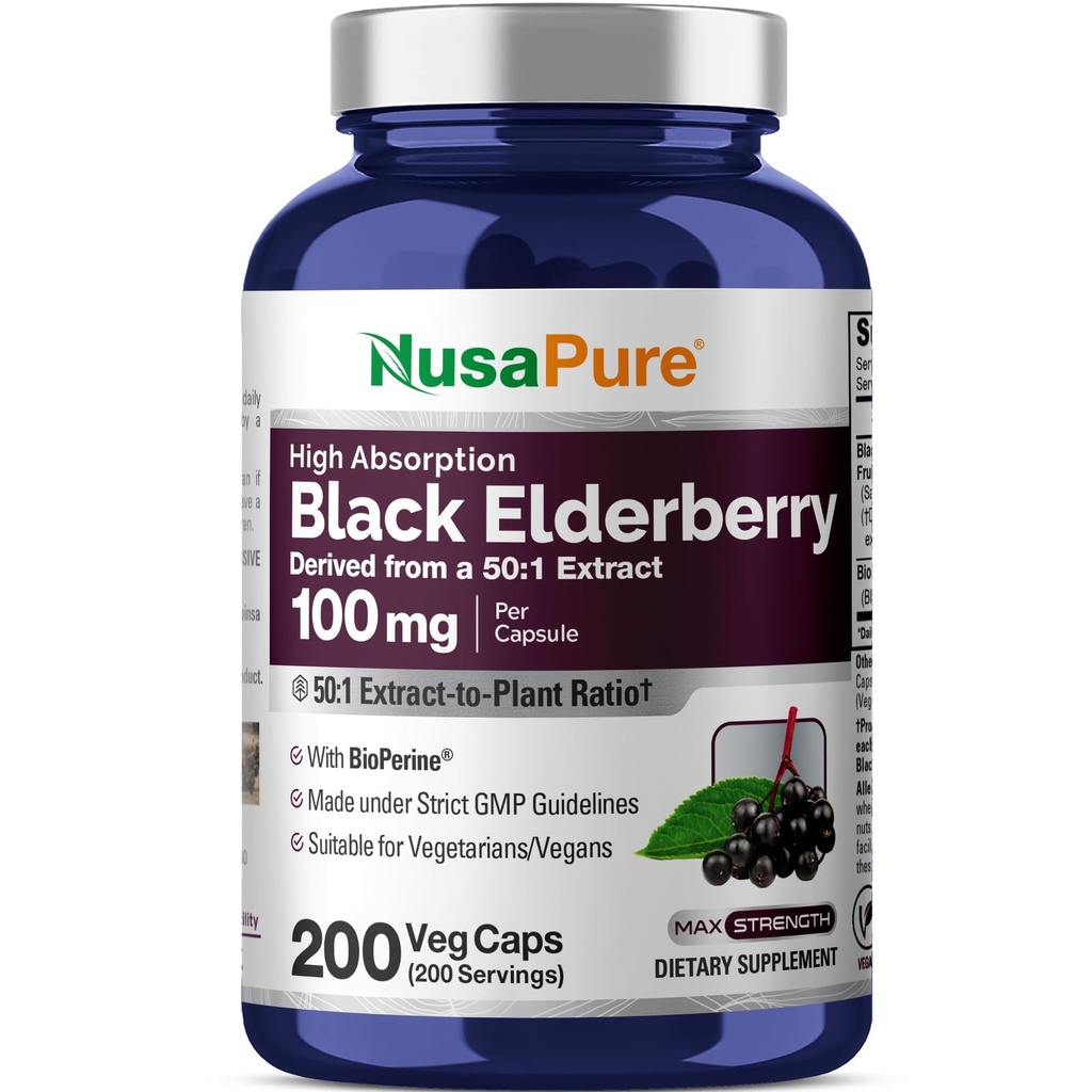 NusaPure Black Elderberry, 100 mg, 200 Veg Capsules (Non-GMO, Vegan)