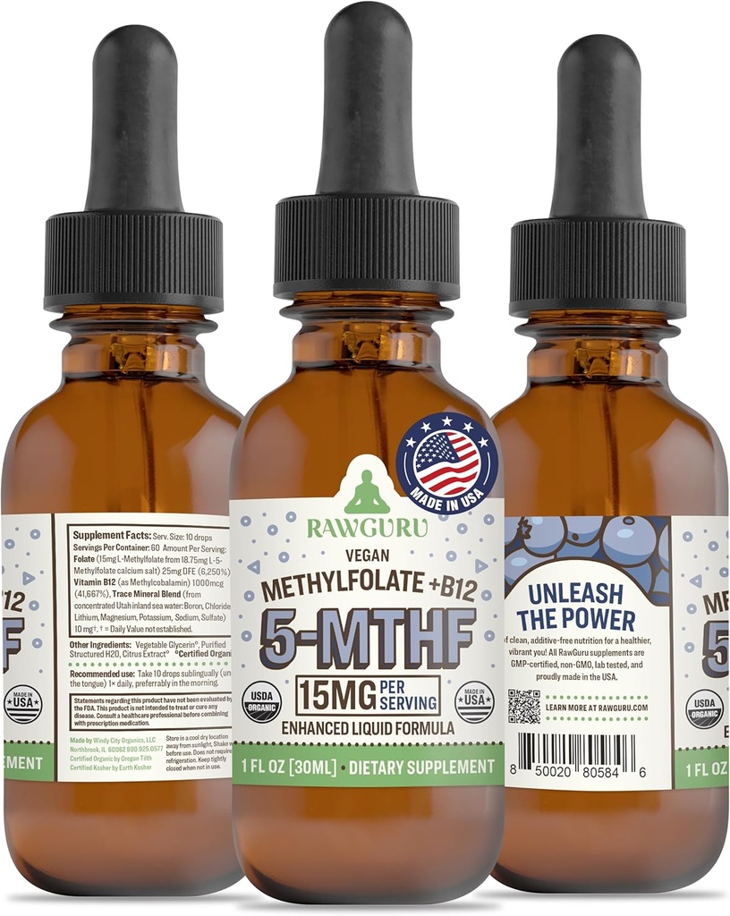 RawGuru L-Methylfolate 15 mg + Vitamin B12 - Organic Vegan Methylated B12 with Trace Minerals - Nano-Processed & Enhanced Liquid Formula - 300 Servings Vegan Drops per 30 ml, Pack of 1