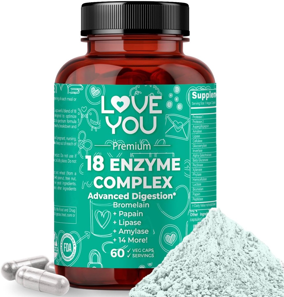Love You 18 Enzyme Complex – Plant-Based Digestive Enzymes for Women & Men | Supports Nutrient Absorption & Digestive Comfort | 60 Vegan Capsules Made in USA