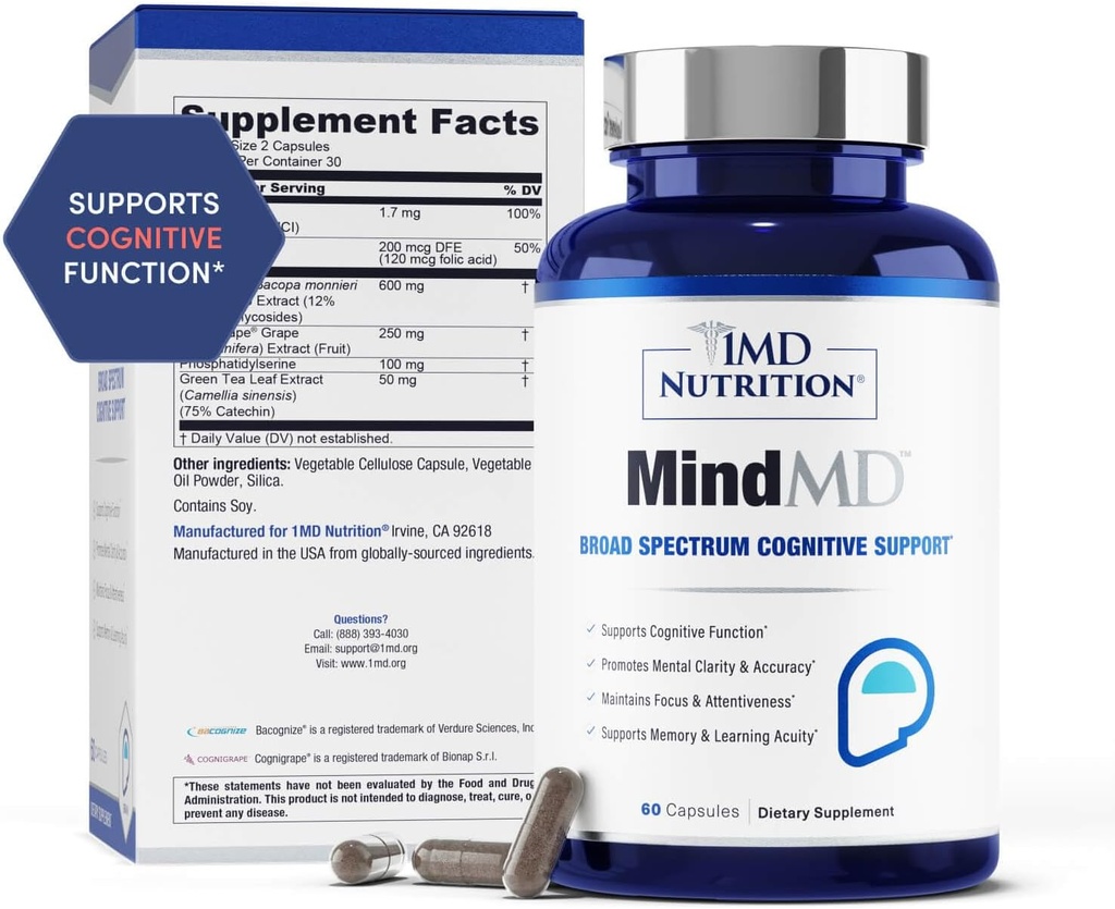 1MD Nutrition MindMD - Brain Supplement for Memory and Focus - Bacopa Monnieri for Nootropic Brain Support - Brain Health Supplement for Adults - with Vitamin B6 & Green Tea Extract - 120 Caps