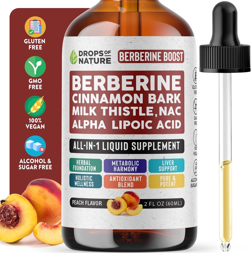 Berberine Supplement, Milk Thistle, Ceylon Cinnamon, Alpha Lipoic Acid, NAC Supplement Liquid Drops - Vegan, 4X Absorption than Capsules - Berberine for Liver Support & Holistic Wellness (Peach, 60mL)