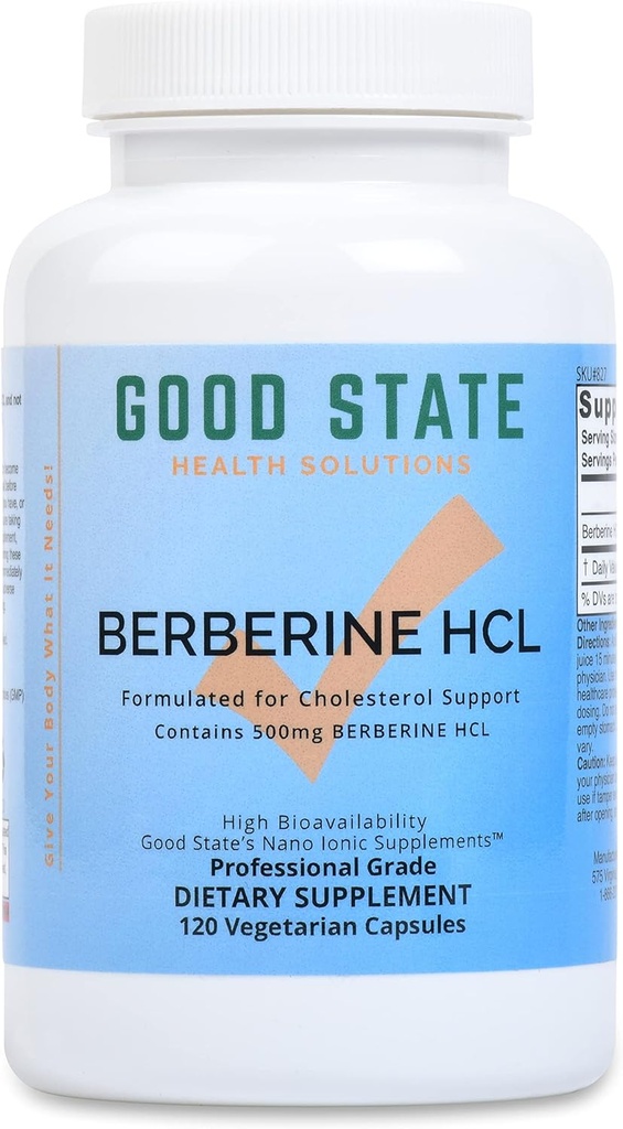 Good State Berberine HCL 500mg Nano Ionic Dietary Supplement Capsules for Men and Women, Formulated for Cholesterol Support, 120 Count Bottle