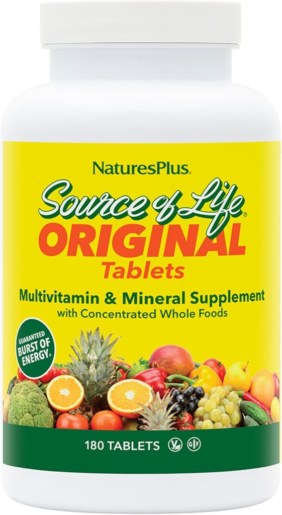 Natures Plus Source of Life - 180 Tablets - Multivitamin & Mineral Supplement with Concentrated Whole Foods - Gluten Free, Vegetarian - 60 Servings