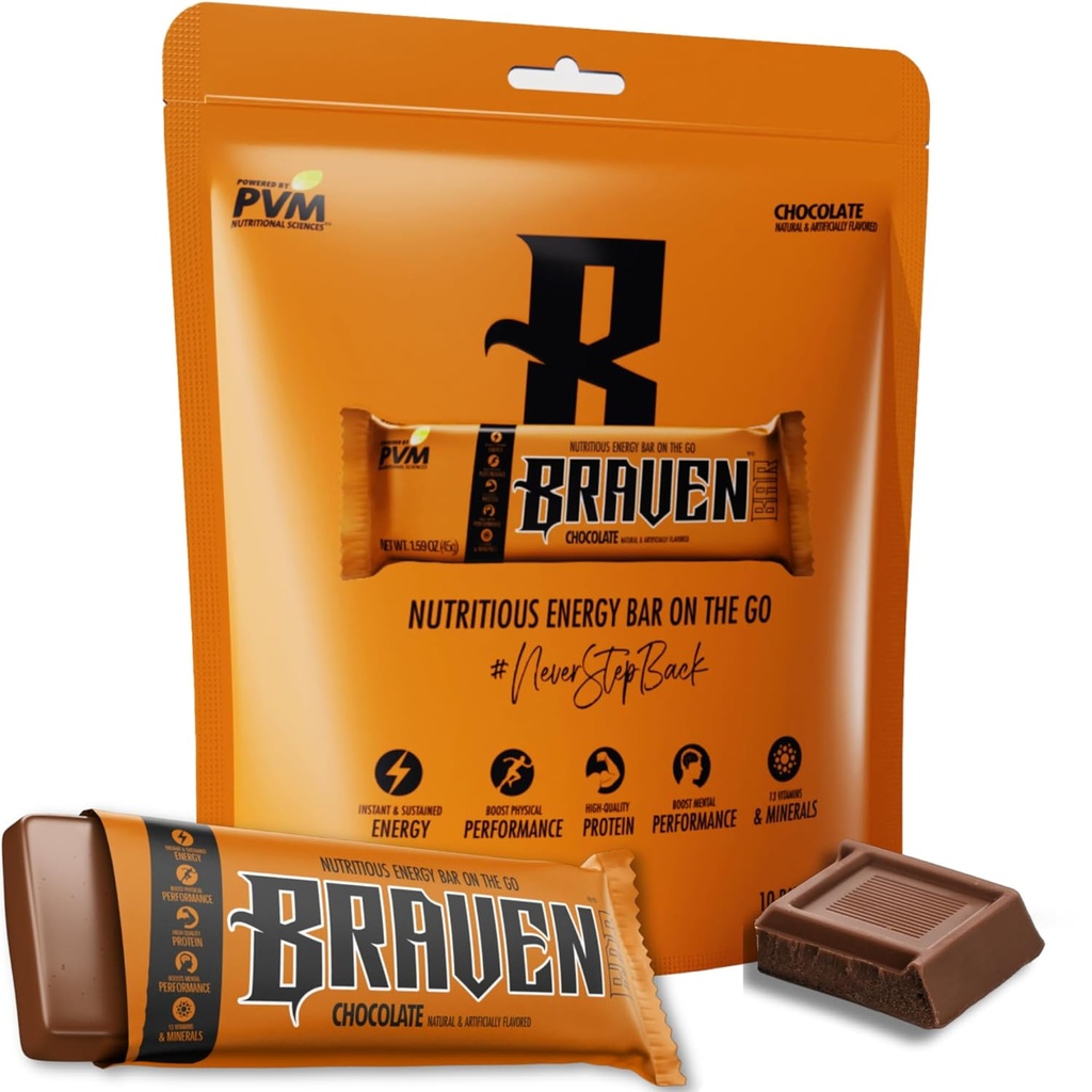 Braven Bar Chocolate Energy Bars (1.59 oz, Pack of 10) – Energy Chews with 5g Protein – On-the-Go Energy Snacks for Running, Hiking, and Sports - Gluten Free Snacks for Sustained Energy Boost