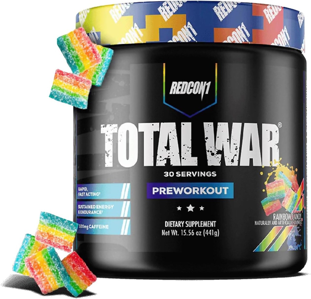 REDCON1 Total War Pre Workout, Rainbow Candy, L Citrulline, Malic Acid, Green Tea Leaf Extract for Pump Boosting Pre Workout for Women & Men - 3.2g Beta Alanine to Reduce Exhaustion, 30 Servings