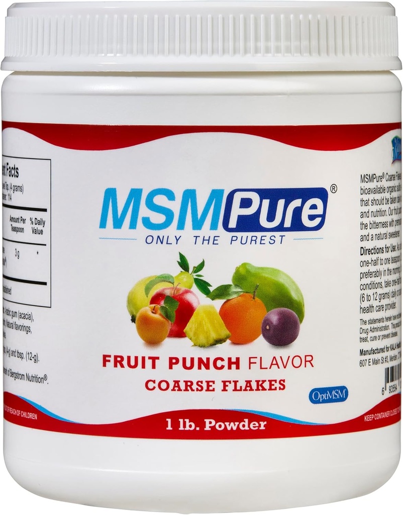 KALA HEALTH MSMPure Fruit Punch Flavored Coarse MSM Powder Flakes – Organic Sulfur for Joint Flexibility, Skin Appearance, and Hair & Nail Support – 1 lb, USA Made, Distilled Crystals