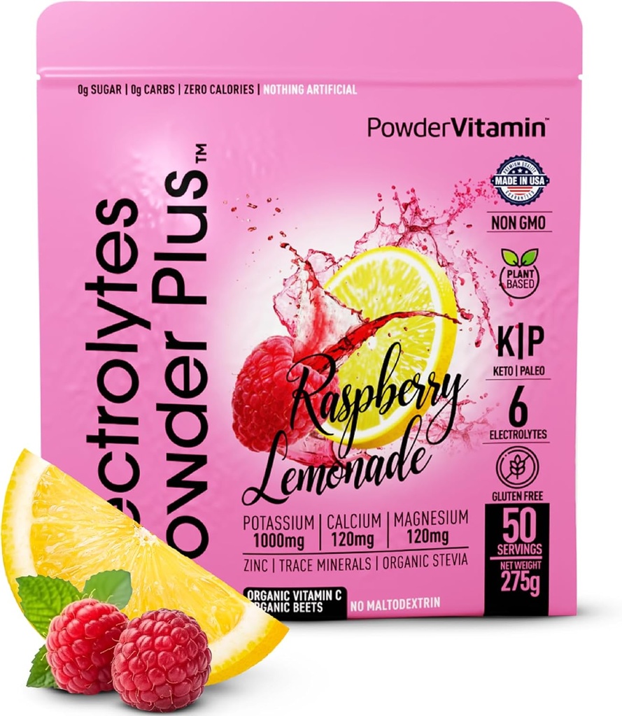 PowderVitamin Electrolytes Powder Plus (50 Servings) Raspberry Lemonade Electrolyte Powder Zero Calorie Keto, 0 Sugar, No Maltodextrin,1000mg Potassium,120mg Calcium,120mg Magnesium, Hydration Powder