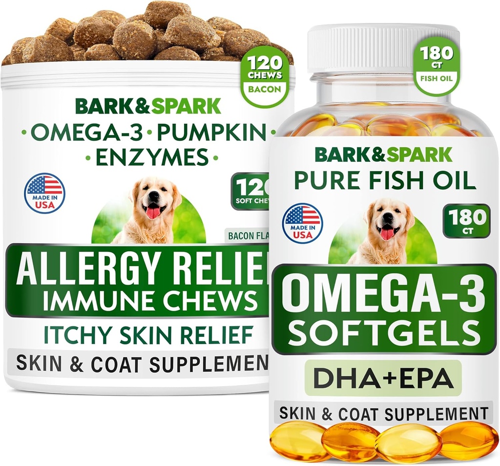 Allergy Relief + Omega 3 Bundle - Anti-Itch Skin&Coat Supplement + Skin Allergy - Omega 3 Fish Oil + EPA& DHA Fatty Acids - Itching&Paw Licking + Joint Health - 120 Chews + 180 Softgels - Made in USA