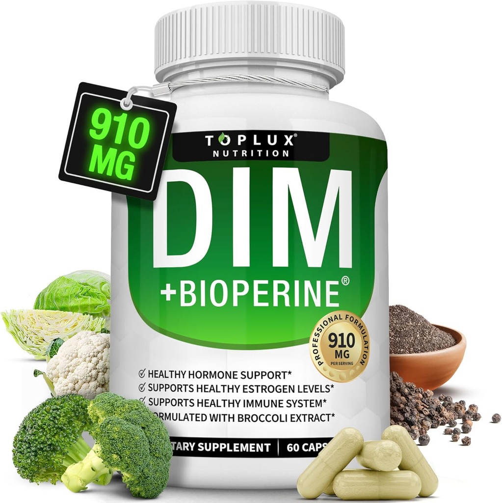 Dim Supplement 910 mg Plus BioPerine Complex - Diindolylmethane to Support Hormone Balance and Estrogen Metabolism, Helps with Menopause Acne PCOS Better Skin Bodybuilding, for Men Women, 60 Capsules