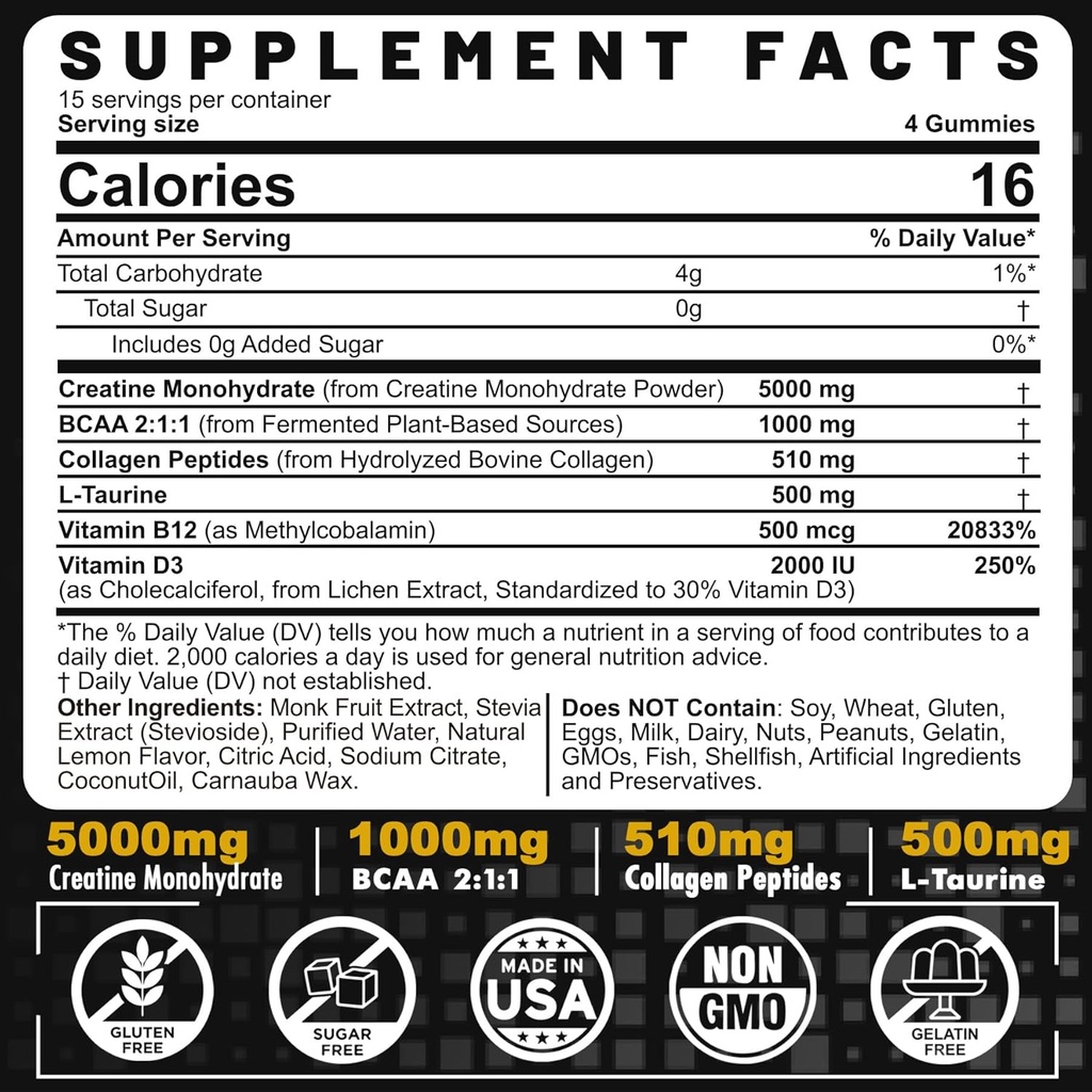 Men's & Women's Creatine Monohydrate Gummies Complex, 6-in-1 Chewable Pre-Workout Creatine with BCAA, Collagen Peptides, L-Taurine, 15 Servings, Natural Lemon Flavor - 60 Count (Pack of 1)