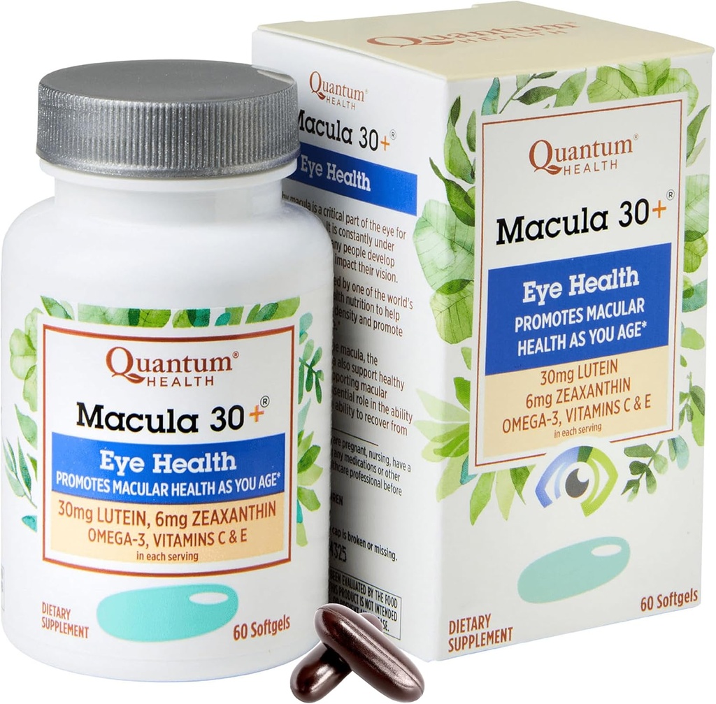 Quantum Health Macula 30+ Eye Care Supplement Promotes Macular & Retinal Health as You Age with Lutein Zeaxanthin Omega-3 Vitamins C & E Daily Nutrition for Women & Men - 60 Softgels