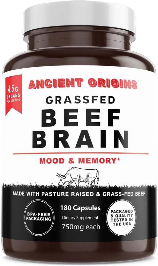 Ancient Origins Grass Fed Beef Brain Supplement with Beef Liver, Whole Food Brain Support Promotes Brain, Mood, and Memory Health, Brain and Liver Health Formula Capsules, Non-GMO, 180 Capsules