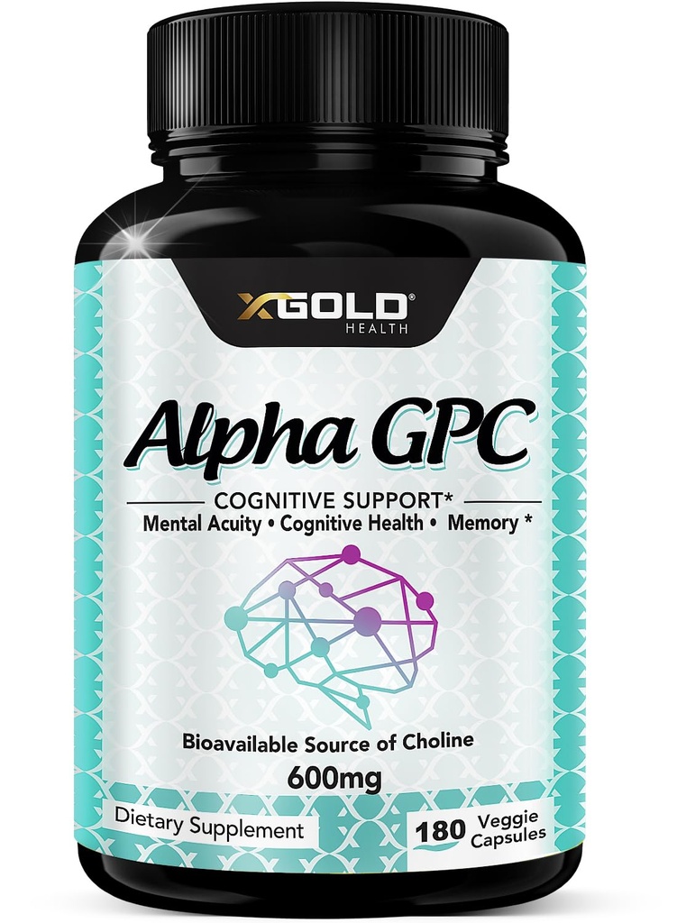 Alpha GPC Choline Supplement 600mg, 99%+ Highly Purified, Highly Bioavailable Source of Choline,180 Veggie Capsules, Cognitive Enhancer Nootropic, Supports Memory & Brain Function, Boosts Focus & Mood