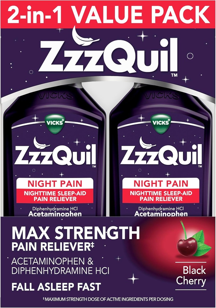 ZzzQuil Liquid Max Strength Pain Reliever, Nighttime Sleep Aid Liquid, Acetaminophen 1000mg, Diphenhydramine 50mg HCI, Non-Habit Forming, Black Cherry Flavored, 2 Pack, 24 FL OZ